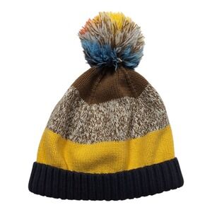 Hanna Andersson‎ Striped Pom-Pom Beanie Hat Colorful Yellow Brown Blue Cotton Lg